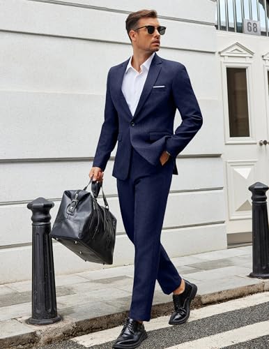 COOFANDY Men Suits Classic Fit 2 Piece Suit Set One Button Casual Blazer Wedding Bussiness Suit Separates, Dark Blue, Large
