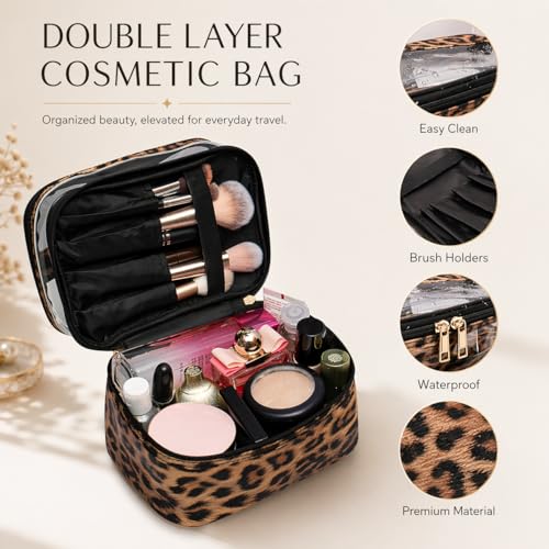 imerelez Double-layer Cosmetic Bag Makeup Bag Travel Makeup Bag Makeup Bags for Women Cosmetics Cases Portable Waterproof Foldable (Leopard)