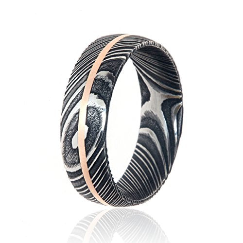 Damascus Steel Wedding Bands USA Made 14k Rose Gold Rings Damascus Rings