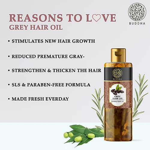 Buddha Natural Hair Oil for Greys & Whites (150 ml, 5.1 Oz) - Restore Natural Black Color of Hair With Unique Herbs oil blend For Men and Women - 100% Ayurvedic - No Mineral Oil
