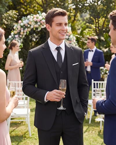WULFUL Men's Slim Fit 3 Piece Suits Two Button Blazer Vest & Pants Tuxedo Set for Business Wedding Party Black