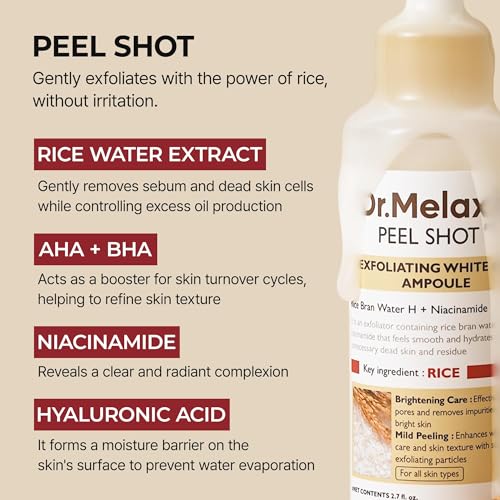 Dr.Melaxin Peel Shot Glow White Rice Peeling Ampoule with Rice Extract & AHA BHA, Brightening & Gentle Exfoliating Serum for Sebum Control, Niacinamide & Hyaluronic Acid, Korean Skincare, 2.71 fl.oz