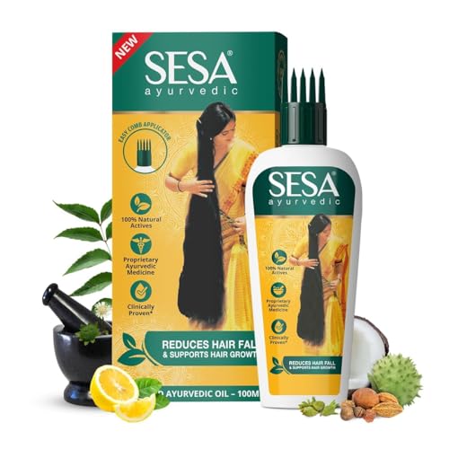 sesa Ayurvedic Hair Oil With Bhringraj & 17 Rare Herbs With Coconut Oil and 4 Nourishing Oil For Hair Growth Help Control Hair Fall & Easy Hair Oil Applicator For Women and Men, 3.38 Fl Oz or 100 ml