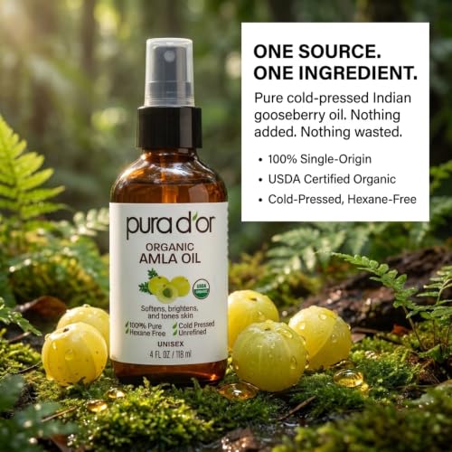 PURA D'OR 4 Oz ORGANIC Amla Oil, 100% Pure USDA Certified Premium Grade, Cold Pressed, Unrefined, Extra Virgin, Hair Serum & Thickening Hair Product w/Pump for Women & Men, Ayurvedic Skin Care