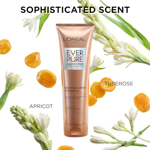 L'Oreal Paris Shampoo, Sulfate Free, Triple Action Hydration for Dry Hair, EverPure, 8.5 Fl Oz (Packaging May Vary), Damaged, Color-Treated Hair, Apricot Oil Infused, Deep Nourish