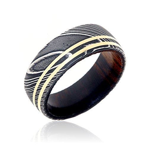 8mm Damascus Steel Wedding Bands USA Made 14k Gold Rings Damascus Rings