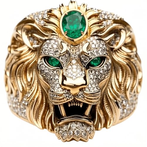 PYTALI Emerald Lion King Men's Ring 10K/14K/18K/Sterling Silver Genuine Emerald Diamond Ring Handmade Jewelry Gift for Husband Boyfriend