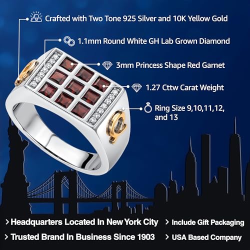 Gem Stone King Red Garnet and White Lab Grown Diamonds Ring for Men | 10K Yellow Gold and 925 Sterling Silver | 1.27 Cttw| Size 11