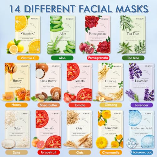 KONEUK 14 Pack Sheet Face Masks Skincare, Hydrating Face Masks Suitable for Dry Skin, Bulk Facial Mask Set for Women Skin Care, Face Mask Gifts Set for Face Spa