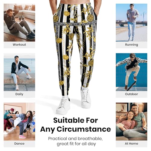 Erdomir Mens Luxury Sweatpants Black Gold Chain Print Pants Baroque Casual Design Joggers with Drawstrings L