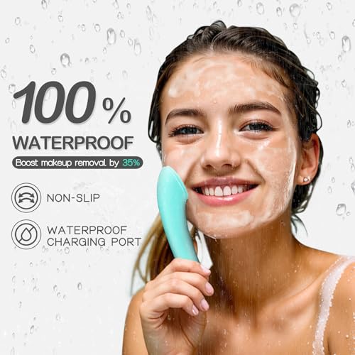 PRITECH Silicone Face Scrubber, Rechargeable Facial Cleansing Brush with Heat Massage End, Vibrating Exfoliator Scrubber for Deep Cleaning, Waterproof Face Brush for Women and Men (Green)