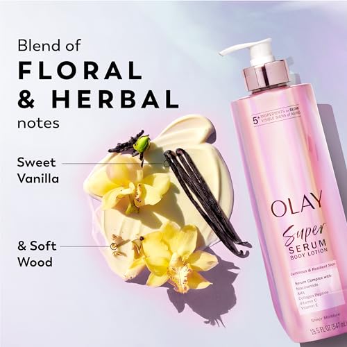 Olay Super Serum Hand & Body Lotion for Dry Skin, 24hr Long Lasting Hydration, 5+ Ingredient Complex for Bright Even Firm Luminous Skin, Sweet Vanilla & Soft Wood Scent, 18.5 fl oz