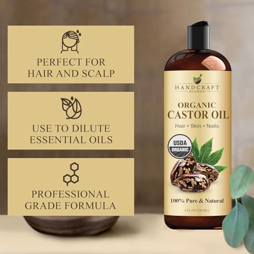 Handcraft Blends Organic Castor Oil 8 Fl Oz | 100% Pure and Natural | Premium Grade Carrier Oil | Hair, Eyelashes and Eyebrows | Hair and Body | Expeller-Pressed | Hexane-Free