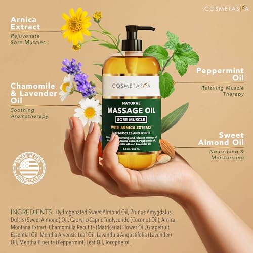 Cosmetasa Sore Muscle Massage Oil - 8.8 oz, Soothes Muscle and Joint with Arnica Extract, Peppermint, Chamomile, and Lavender Oil (8.8 oz, Sore Muscle)