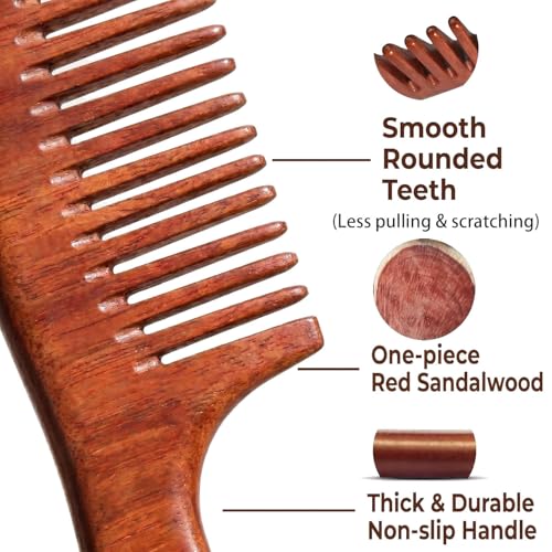Morsafe 2 Pcs Sandalwood Hair Comb Set Wide and Fine Tooth Wooden Comb for Women Men, Anti-static Detangling Wood Comb for Curly Fine Frizzy Wet Dry Hair