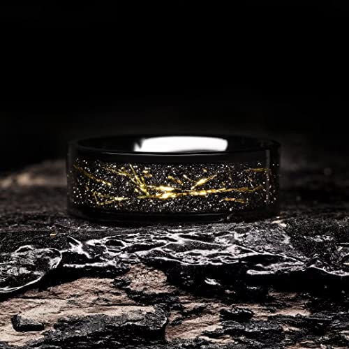 King Will 8mm Tungsten Carbide Ring for Men Black Wedding Band Sandstone Gold Foil Inlay High Polished-9.5