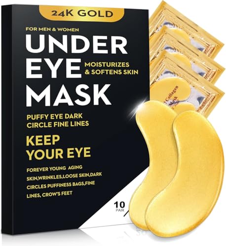 Bukamkom 20Pcs/10Pairs Under Eye Patches Gold for Dark Circles, Puffy Eyes, and Wrinkles, 24K Gold Eye Mask for Face, Eye Cream for Men and Women