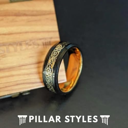 Pillar Styles 14K Gold Celtic Rings for Men Wedding Bands Black Viking Ring with Beveled Edges 8mm Tungsten Rings with Irish Inlay Unique Couples for Him
