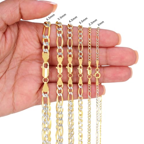 Nuragold 10k Real Yellow Gold Figaro Link Pave Diamond Cut Chain Necklace - 22",4.5mm