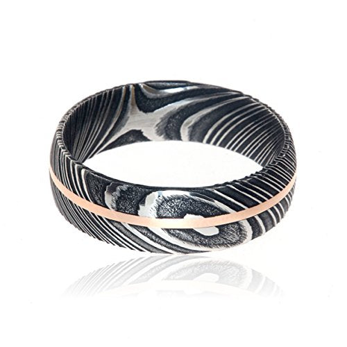 Damascus Steel Wedding Bands USA Made 14k Rose Gold Rings Damascus Rings