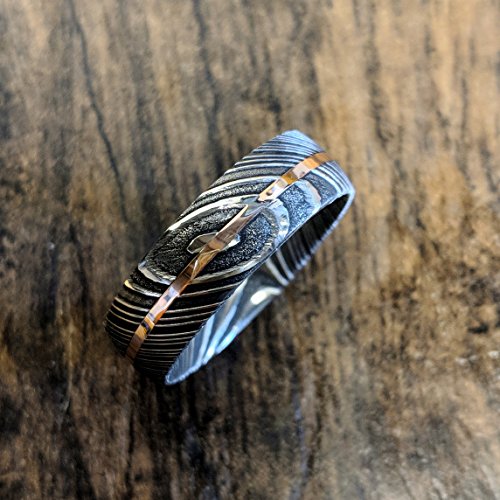 Damascus Steel Wedding Bands USA Made 14k Rose Gold Rings Damascus Rings