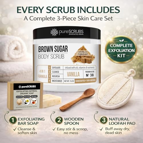 pureSCRUBS Premium Vanilla Brown Sugar Scrub, Exfoliating Body Scrub Set