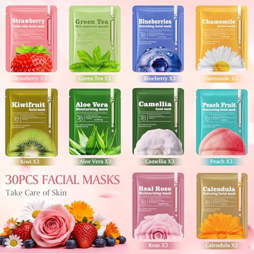 Aottom 30pcs Face Masks Skincare, Bulk Facial Masks for Women Skin Care, Sheet Masks with Natural Ingredients, Gifts Set for Face Spa, Birthday Party Spa Gift