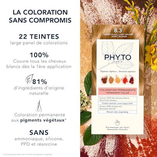 PHYTO Phytocolor Permanent Hair Color, 8.3 Light Golden Blonde, with Botanical Pigments, 100% Grey Hair Coverage, Ammonia-free, PPD-free, Resorcin-free, 0.42 oz.