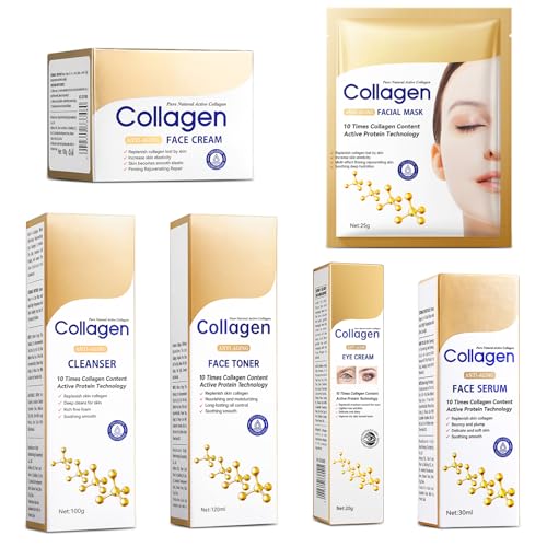 Collagen Skin Care Set, Anti Aging Skincare Set for Reduce Wrinkles, Shrink Pores, Smooth Fine Lines, Hydrating, 4 Pcs Travel Skincare Kits for Women with Cleanser, Serum, Cream, Eye Cream.