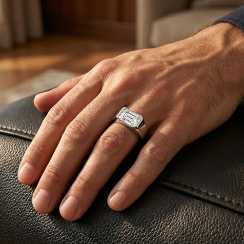 P3 POMPEII3 Pompeii Certified 3Ct Men's Emerald Cut Half Bezel Diamond Ring 14k Gold or Pt Lab Grown - Size 9 (F/G,VS1-VS2)