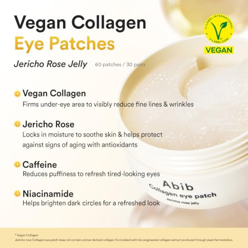 Abib Vegan Collagen Eye Patches for Wrinkles & Fine Line with Jericho Rose Jelly & Peptides, 60 Count, Korean Skin Care