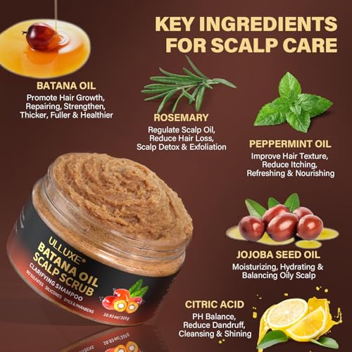 Scalp Scrub for Hair Growth, Scalp Exfoliator with Batana Oil & Rosemary, Deep Scalp Cleanser with Scalp Massager, 2-in-1 Clarifying Shampoo Hair Treatment, Buildup Removal, Itchy Relief, 10.93 oz