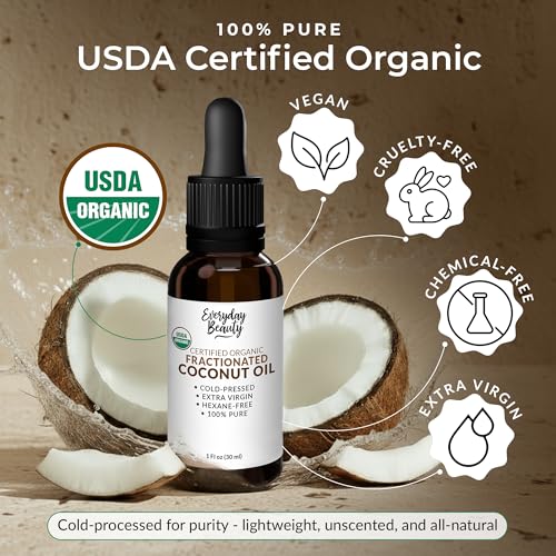 Organic Fractionated Coconut Oil | 100% Pure, Cold-Pressed | USDA Certified Organic | Amber Glass Bottle with Glass Dropper | For Face, Skin, & Hair - 1 Fl Oz