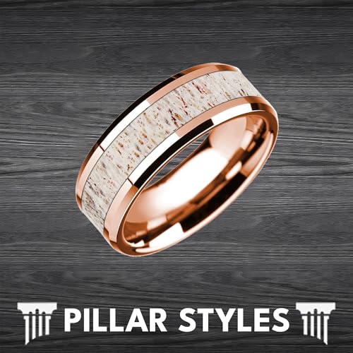 Deer Antler Ring 14K Rose Gold Mens Wedding Band Tungsten Rings for Men with Antler Inlay and Beveled Edges 8mm Rustic Elk Stag Anniversary Gifts for Him