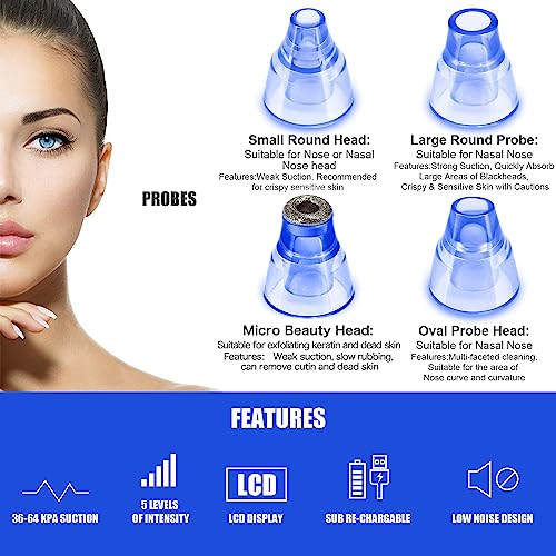 Blackhead Remover Pore Vacuum, Face Suction Pore Cleaner, 5 Suction Power Electric Blackhead Suction Remover, Extractor Tool, 4 Probes for Women & Men (Blue）