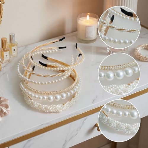 Miskate 6 Pcs Pearl Headband for Women Girls White Hair Accessories, Fashion Bridal Hair Bands for Wedding Party