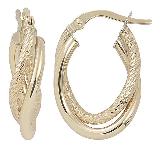 10k Yellow Gold Polish and Texture Overlapping Double Hoop Earrings