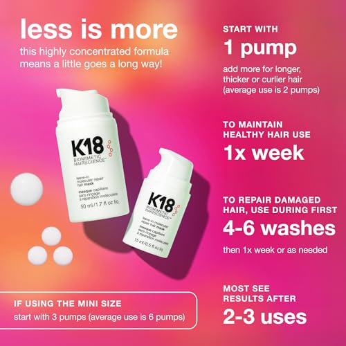 K18 Leave-In Molecular Repair Hair Mask - Peptide Hair Treatment Mask for Bleach, Color, Chemical + Heat Damaged Strands - Immediate + Lasting Damage Reversal in 4 Minutes (1.7 Fl oz)