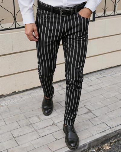 TENGINE Plaid Pants for Men, Mens Skinny Stretch Slim fit Chinos Golf Business Dress Casual Pants BlackStripe-34