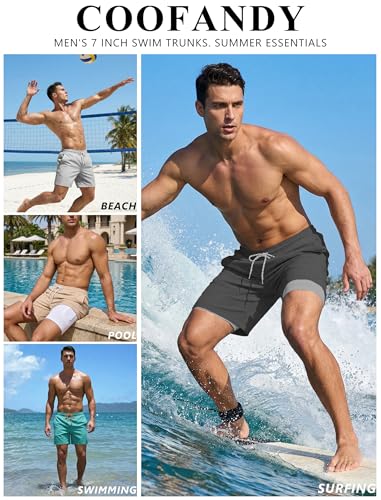 COOFANDY Mens Swim Trunks 7 Inch Board Shorts Swimwear Summer Beach 5 Inch Quick Dry Lined Bathing Suits Khaki Tan