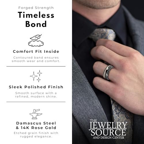 8mm Damascus Steel Men’s Wedding Band – 14K Rose Gold Inlay – Blue Ocean Sports Sleeve – Comfort Fit Ring with Etched Black Grain Pattern (9)