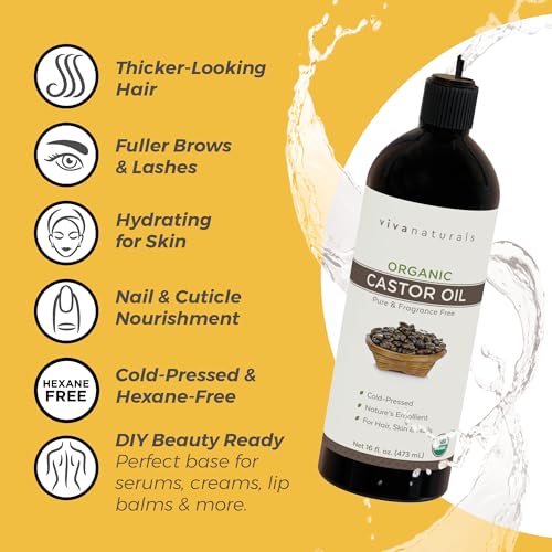 Viva Naturals Organic Castor Oil, Cold-Pressed, 16 fl oz – For Face, Hair, Eyelashes, USDA Organic, Non-GMO - With Beauty Kit