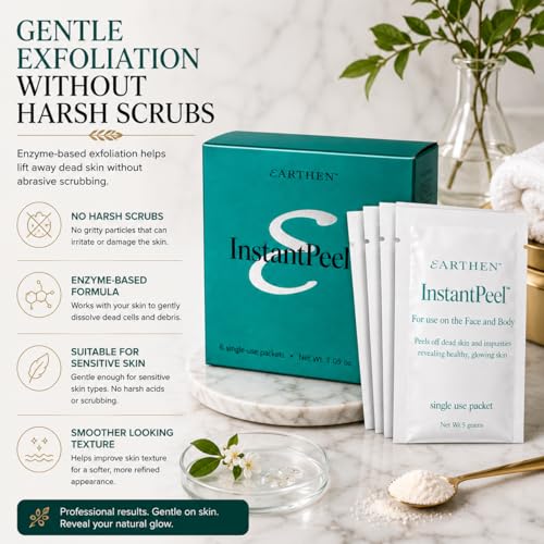 Earthen Instant Peel Exfoliating Packets – Gentle Face & Body Exfoliator for Smooth, Glowing Skin – Removes Dead Skin Cells Without Harsh Acids – Single Use Treatment, 6 Count
