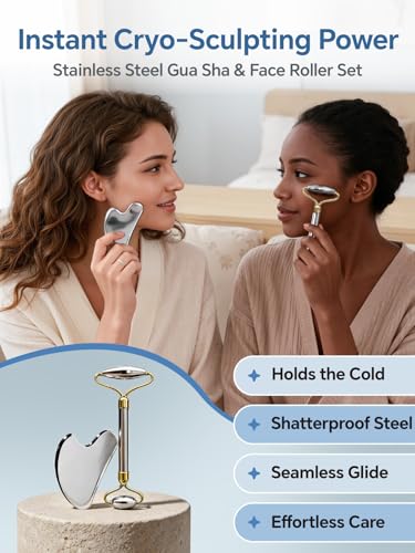 Stainless Steel Face Roller & Gua Sha Facial Tools, Face Massager for Self Care, Roller for face, Jawline Sculpting and Puffiness Reducing