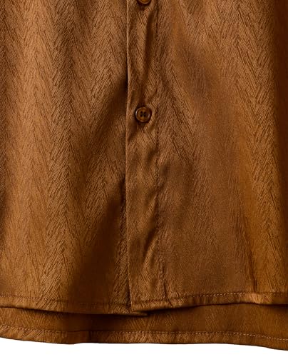 ZEROYAA Men's Luxury Shiny Satin Jacquard Shirt Modern Fit Short Sleeve Button Down Shirts for Summer Party Prom Brown Large