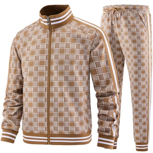 Aiozowa Track Suits for Men Set Plaid Jogging Tracksuit Mens 2 Piece Sweatsuits Jogger Sweat Suits Two Piece Sport Leisure Clothes Outfits Light Brown KEW-KE08-L
