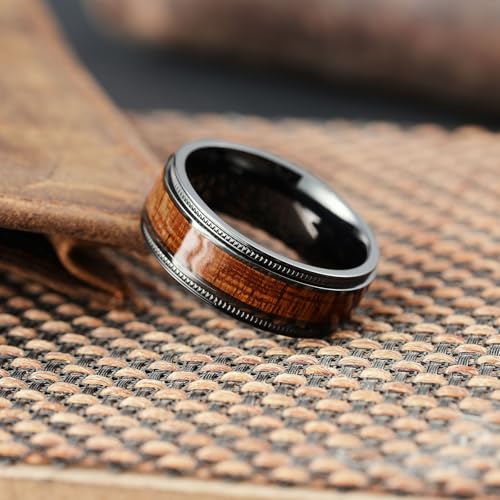 King Will NATURE 8mm Black Titanium Ring with Wood Inlay Wedding Band Ring for Men and Women Real Comfort Fit