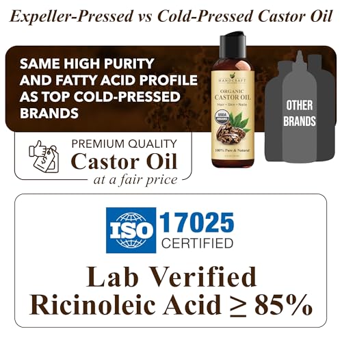 Handcraft Blends Organic Castor Oil 4 Fl Oz | 100% Pure and Natural | Premium Grade Carrier Oil | Hair, Eyelashes and Eyebrows | Hair and Body | Expeller-Pressed | Hexane-Free