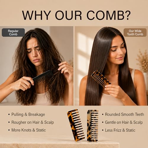Wide Tooth Comb Set, 3-Piece Cellulose Acetate Detangler with 2 Travel Sizes and 1 Handled Home Comb, Anti-Static for Curly, Thick, Wavy, Wet or Dry Hair