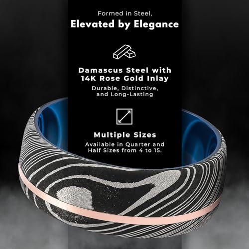 8mm Damascus Steel Men’s Wedding Band – 14K Rose Gold Inlay – Blue Ocean Sports Sleeve – Comfort Fit Ring with Etched Black Grain Pattern (9)